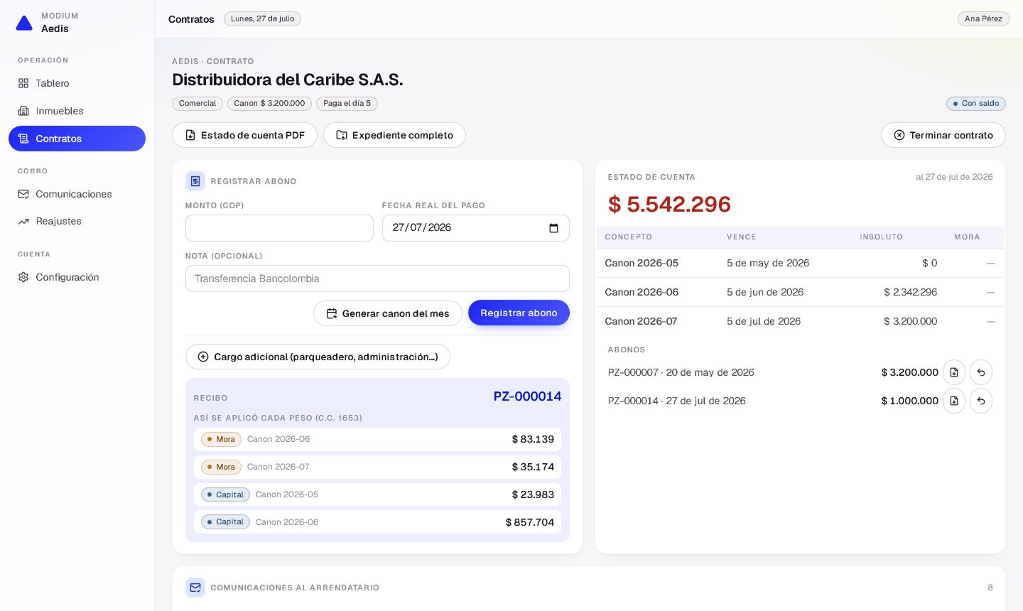 Modium Aedis — contrato con registro de abono y recibo numerado