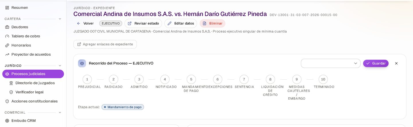 Modium Iuria — recorrido del proceso ejecutivo en diez etapas, con la etapa actual marcada
