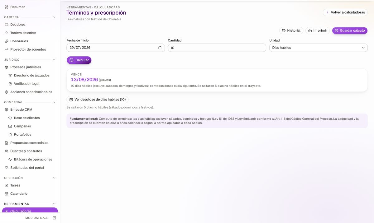Modium Iuria — cálculo de términos y prescripción, con el fundamento legal citado