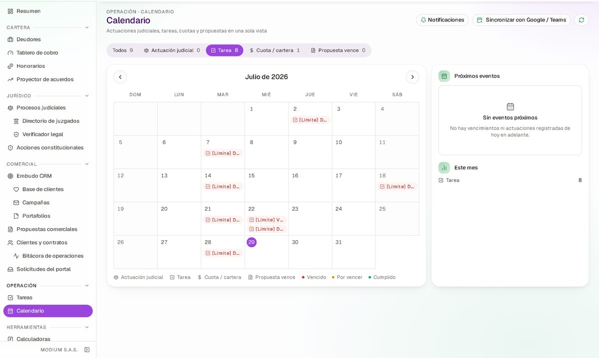 Modium Iuria — calendario de actuaciones judiciales, tareas y cuotas